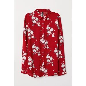 H&M Divided Red Floral Button Up Shirt Women's Size 4 Long‎ Sleeve